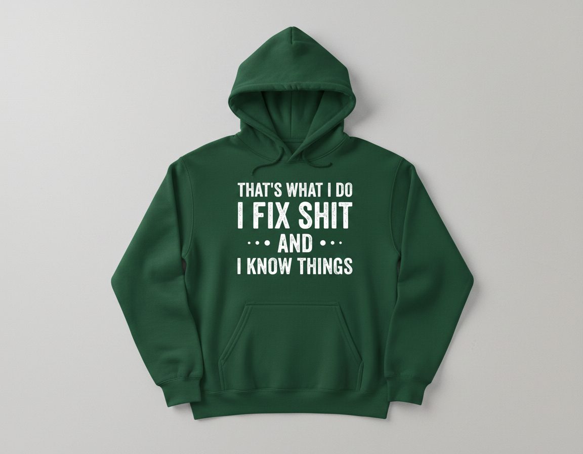 THAT'S WHAT I DO I FIX SHIT AND I KNOW THINGS Hoodie - product mockup - Forest Green