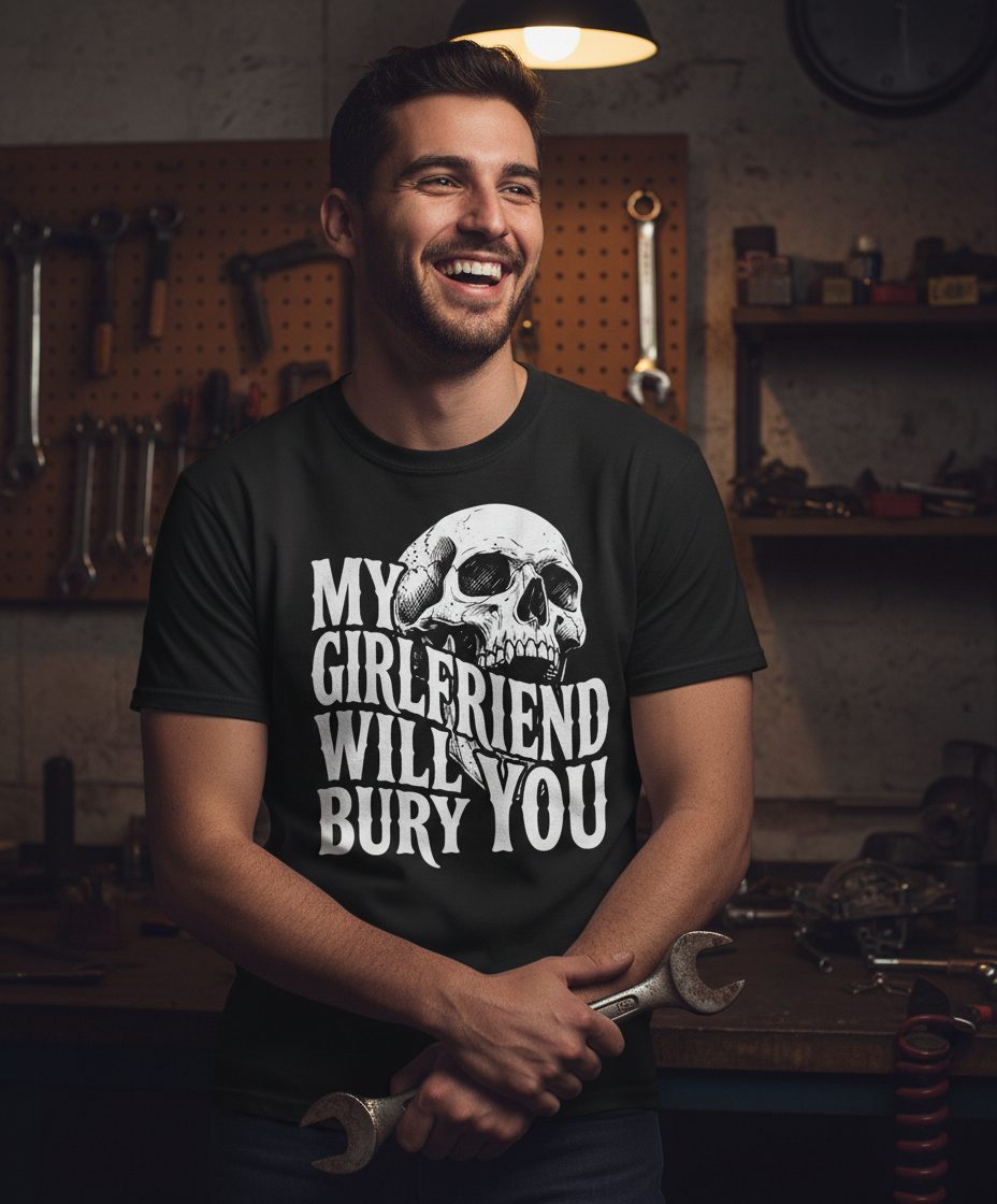 My Girlfriend Will Bury You skull T-Shirt Black lifestyle mockup