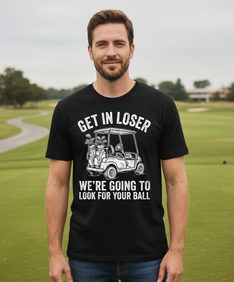 GET IN LOSER WE'RE GOING TO LOOK FOR YOUR BALL Funny Golf T-Shirt - lifestyle model mockup - Black