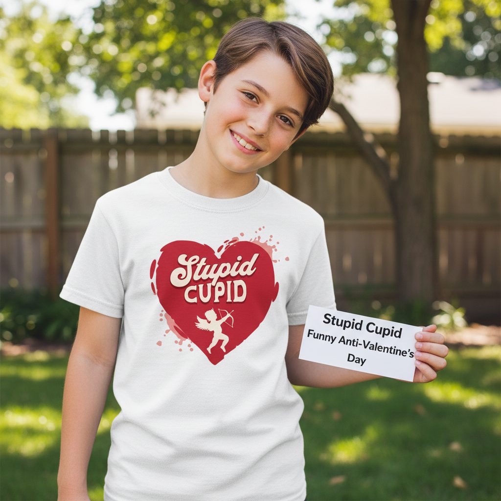 Stupid Cupid anti-Valentine's Day Youth T-Shirt White lifestyle mockup