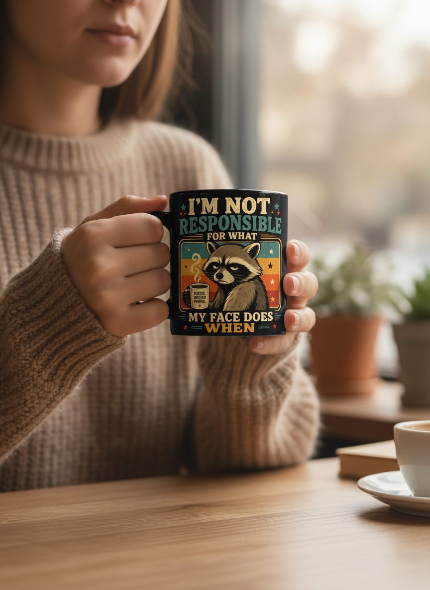 I'm Not Responsible for What My Face Does When You Talk Funny Sarcastic Raccoon Black Mug - lifestyle model mockup - Black