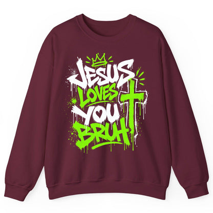 Jesus Loves You Bruh Christian Sweatshirt - product mockup - Maroon