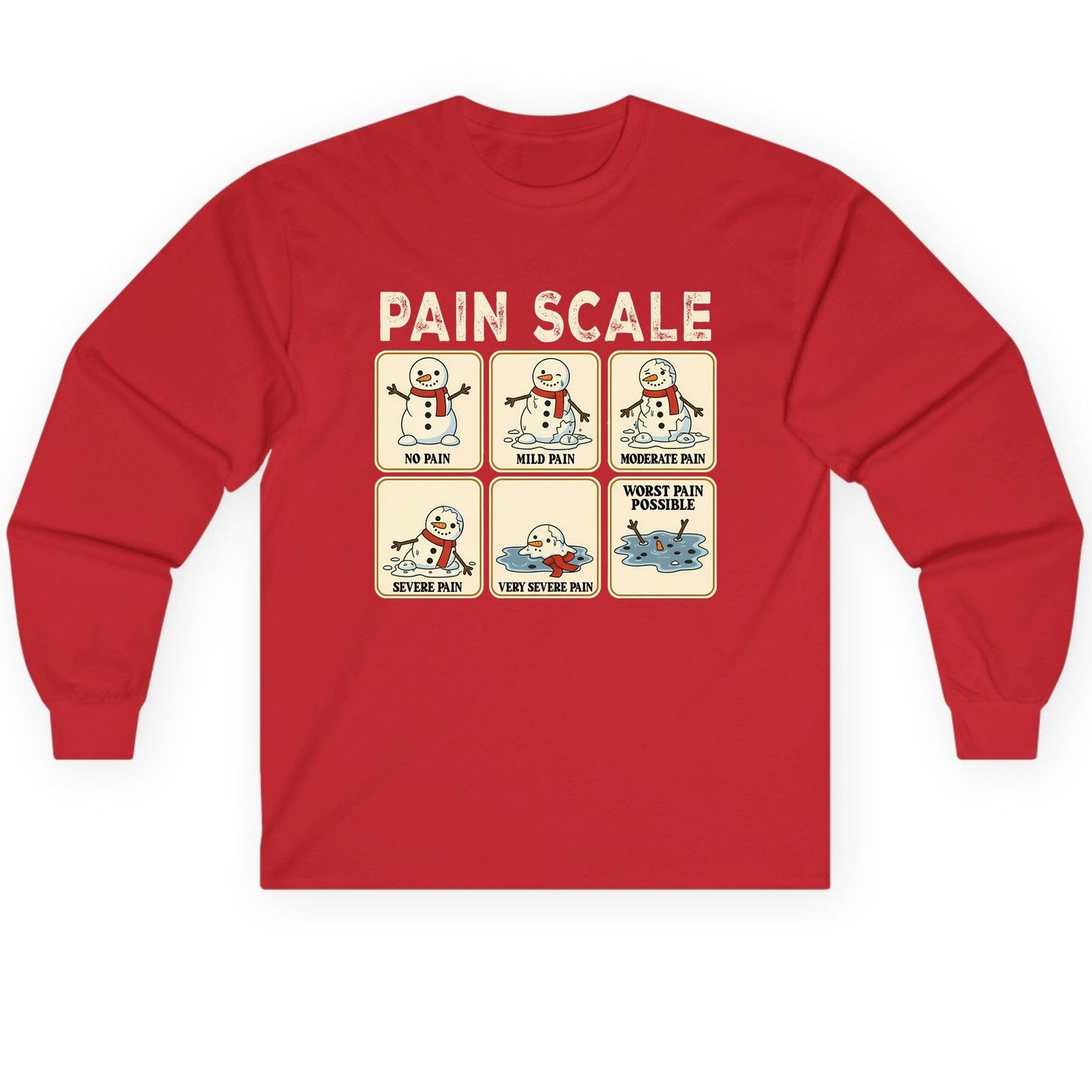 Pain Scale No Pain Mild Pain Moderate Pain Severe Pain Very Severe Pain Worst Pain Possible snowman Long Sleeve Tee Red
