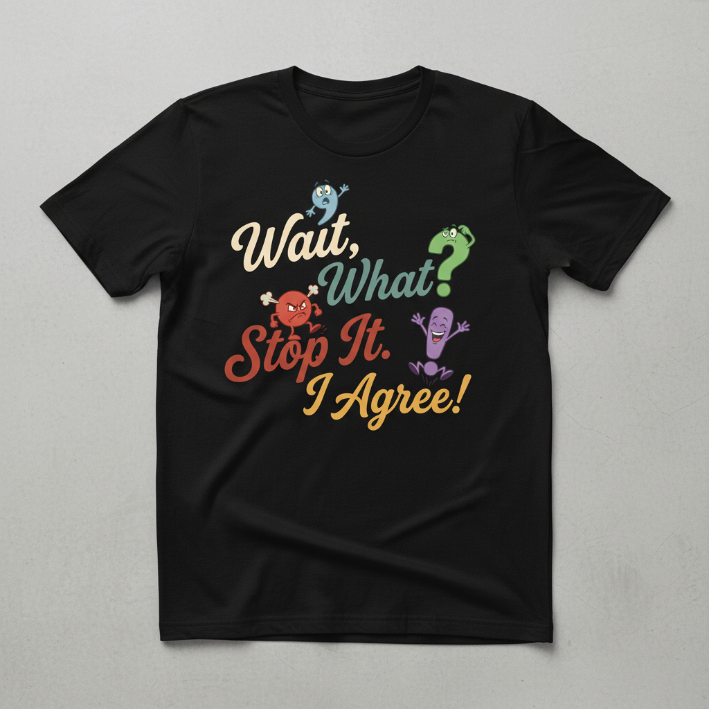 Wait What Stop It I Agree Funny Punctuation Humor T-Shirt - Black