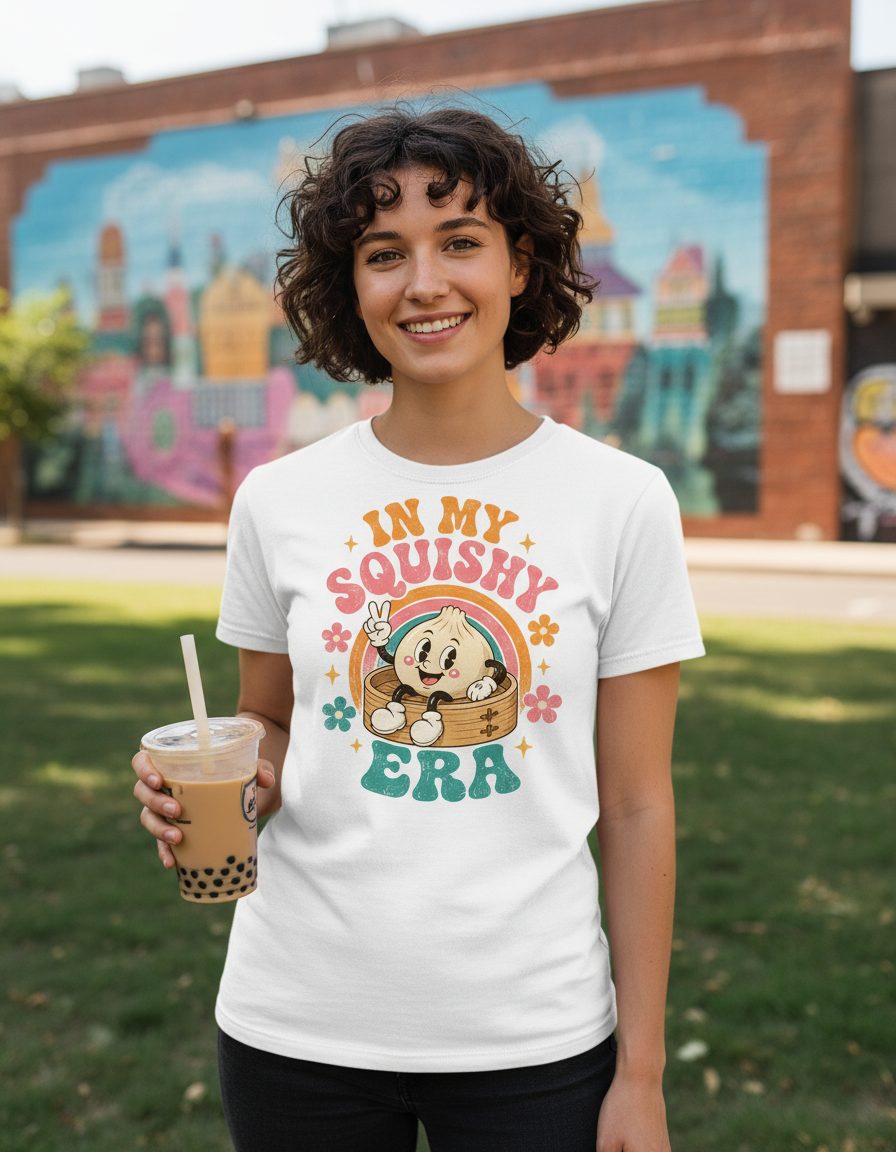 In My Squishy Era Funny Dumpling T-Shirt - lifestyle model mockup - White