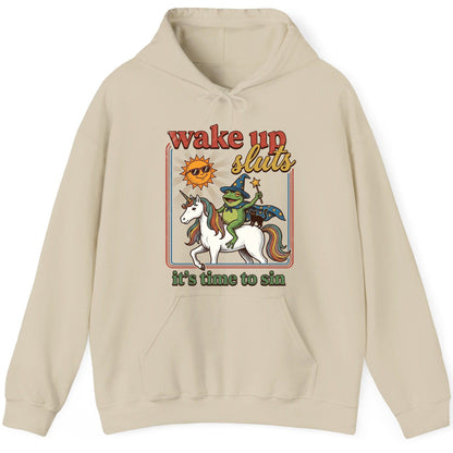 Wake Up Sluts It's Time to Sin Funny Wizard Frog Hoodie - product mockup - Sand