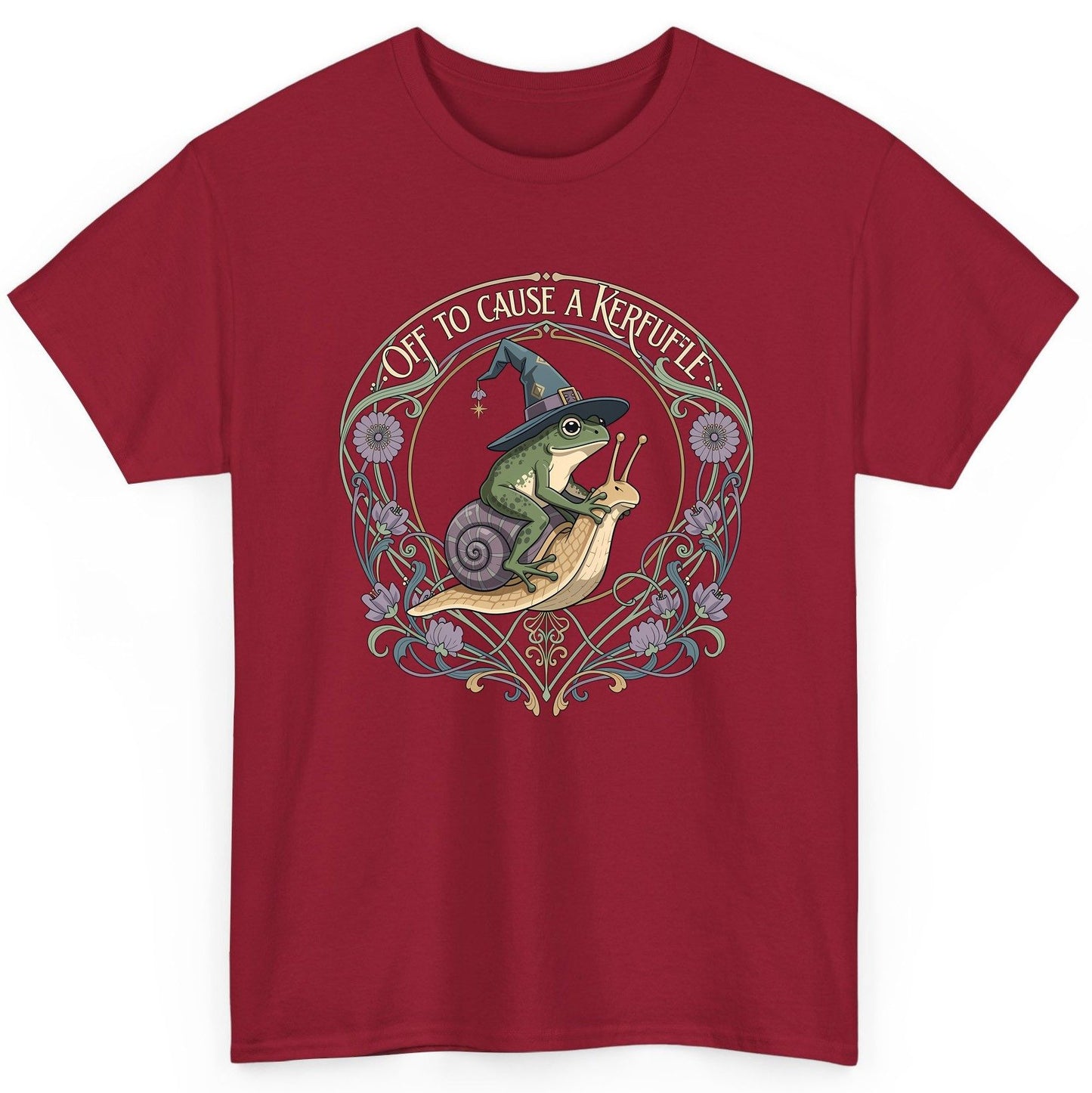 Off to Cause a Kerfuffle frog riding a snail T-Shirt Cardinal Red product mockup