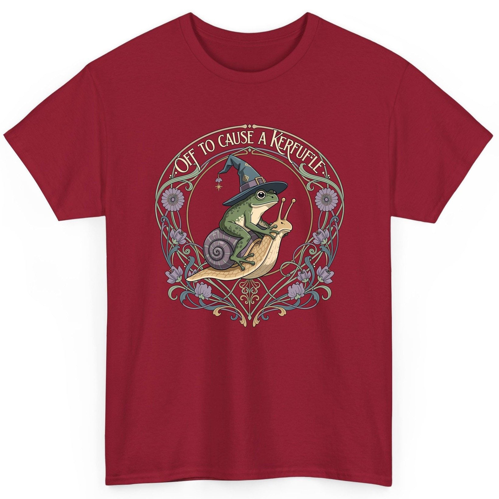 Off to Cause a Kerfuffle frog riding a snail T-Shirt Cardinal Red product mockup