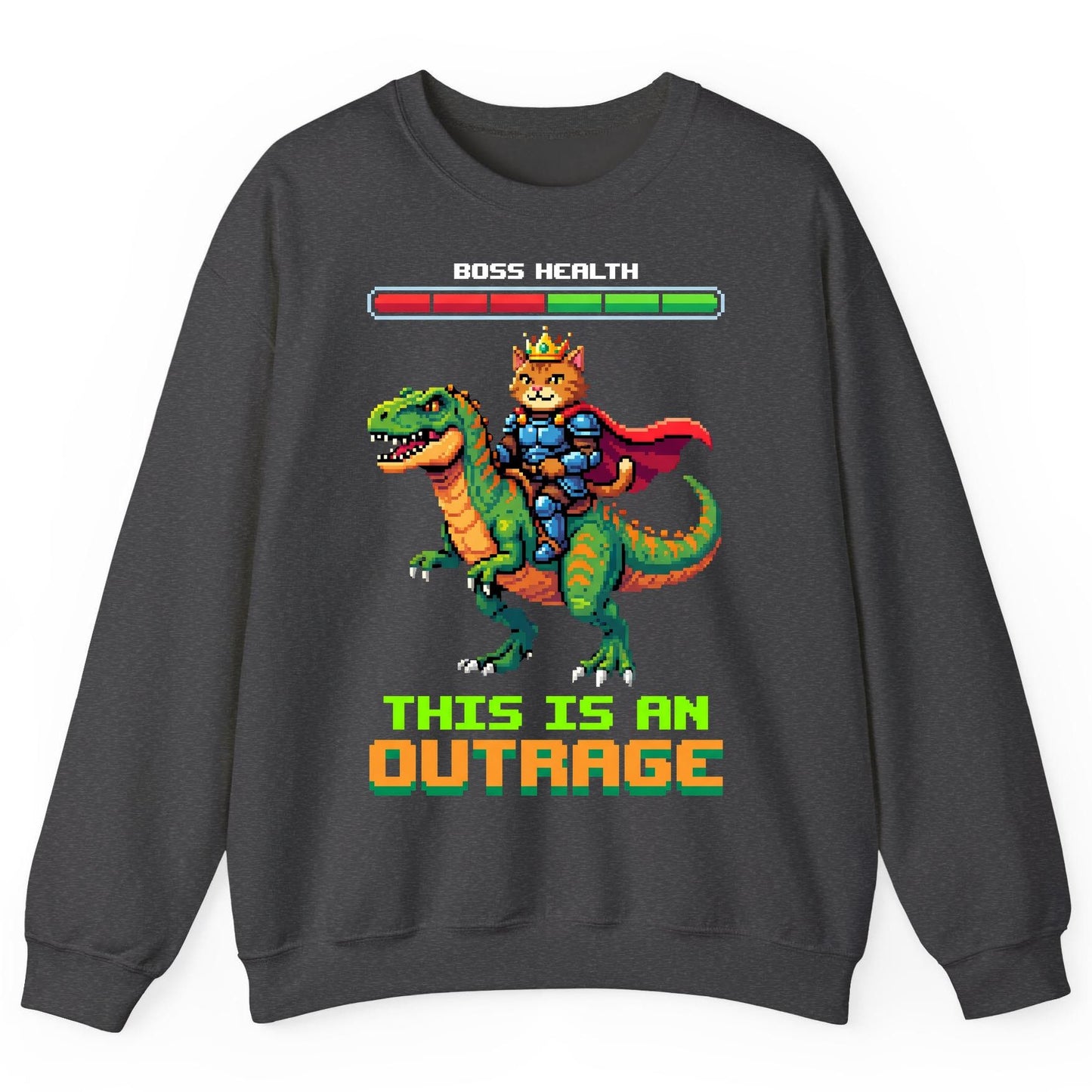 THIS IS AN OUTRAGE Cat riding a dinosaur Sweatshirt Dark Heather product mockup
