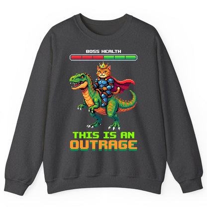 THIS IS AN OUTRAGE Cat riding a dinosaur Sweatshirt Dark Heather product mockup