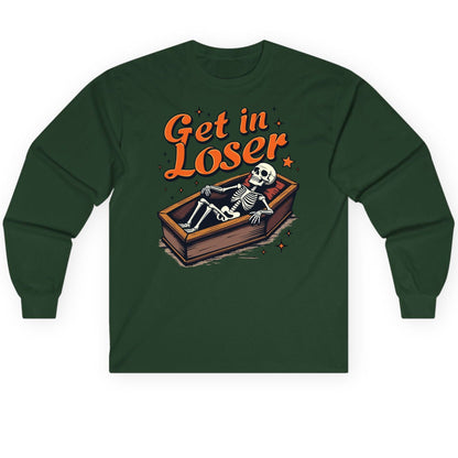 Get in Loser skeleton in coffin Long Sleeve Tee Forest Green product mockup