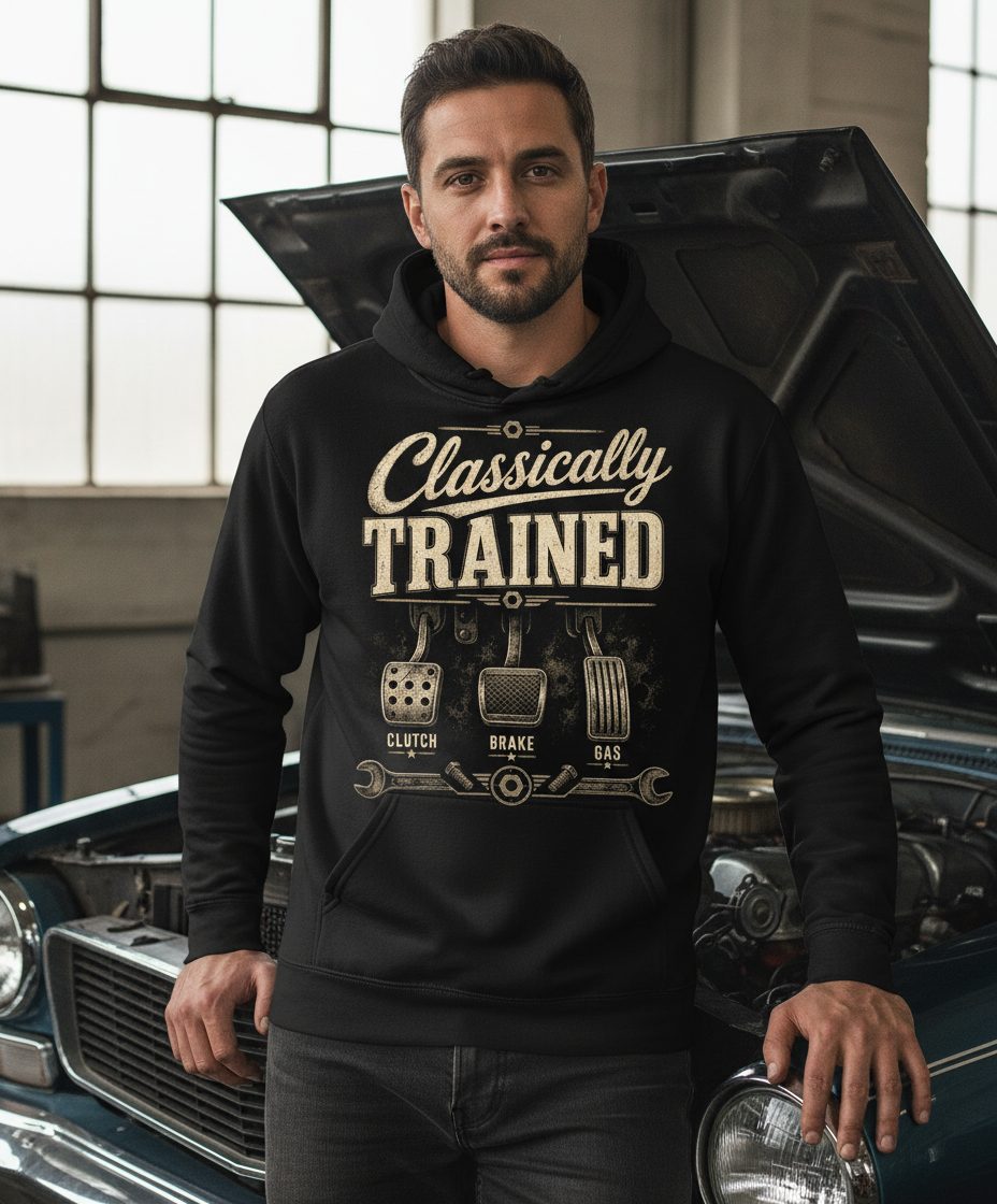 Classically Trained Retro Manual Transmission Hoodie - lifestyle model mockup - Black