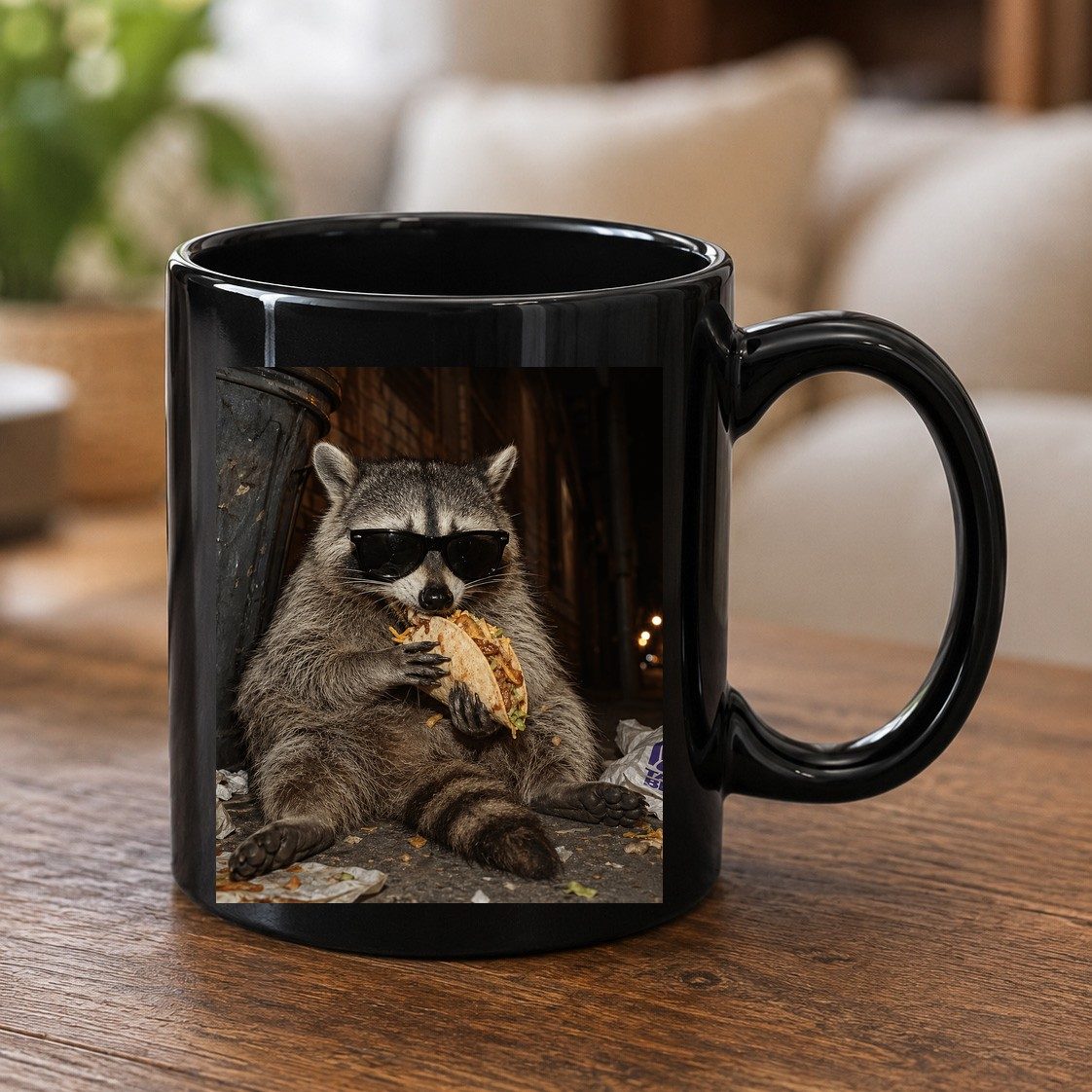 Raccoon Eating Taco Funny Animal Lovers Black Mug - product mockup - Black