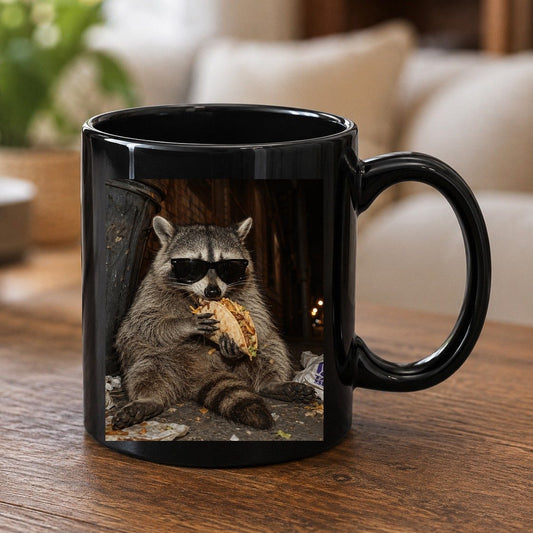 Raccoon Eating Taco Funny Animal Lovers Black Mug - product mockup - Black
