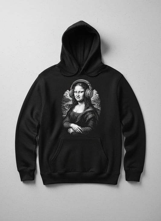Disgusted Mona Lisa Headphones Funny Art Parody Hoodie - product mockup - Black