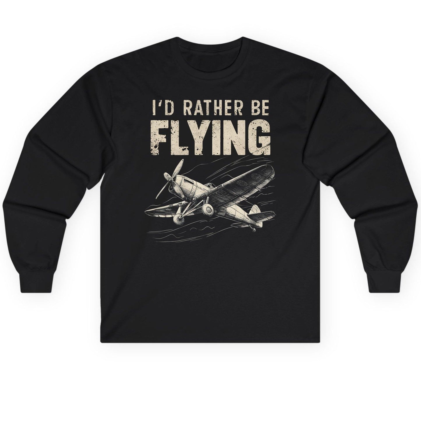 I'd Rather Be Flying vintage propeller plane Long Sleeve Tee Black product mockup