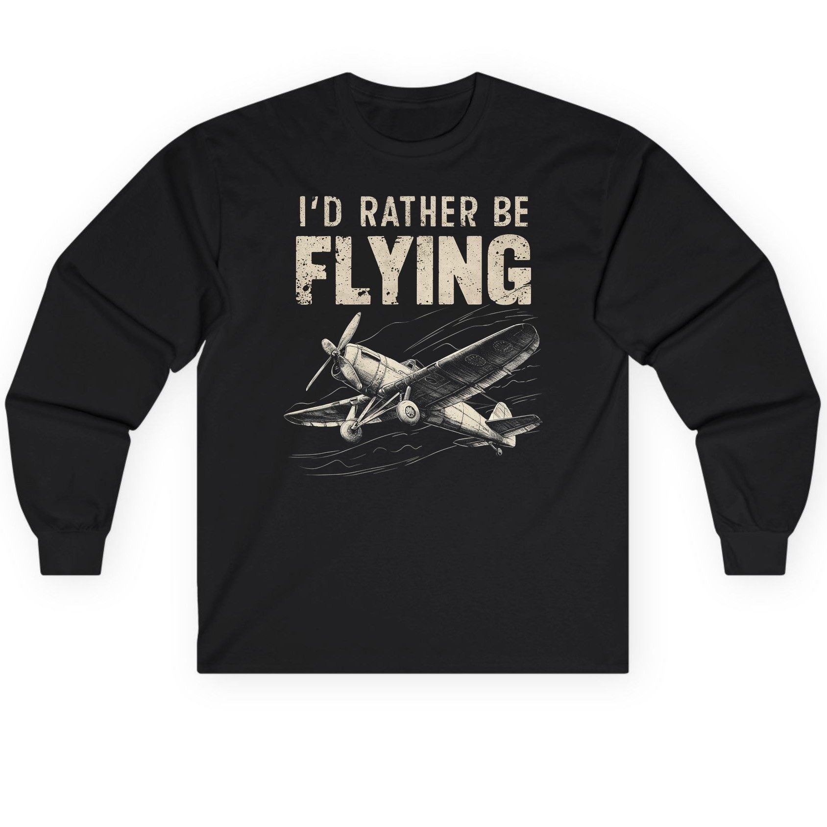 I'd Rather Be Flying vintage propeller plane Long Sleeve Tee Black product mockup