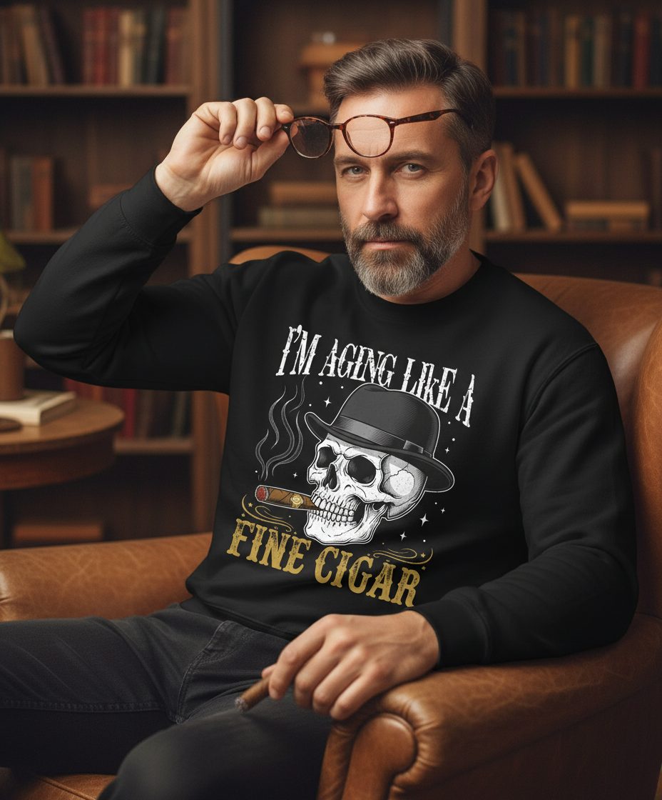 I'm Aging Like a Fine Cigar smoking skull Sweatshirt Black lifestyle mockup