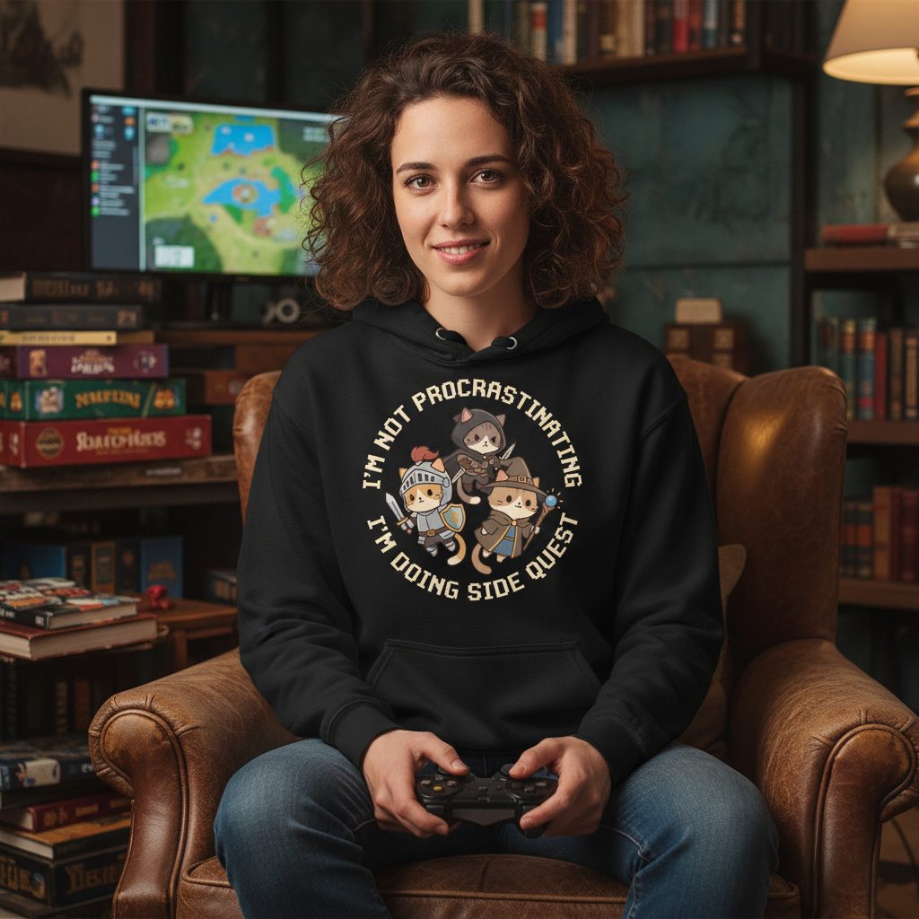 I'm Not Procrastinating I'm Doing Side Quest rpg cats Hoodie Black lifestyle mockup