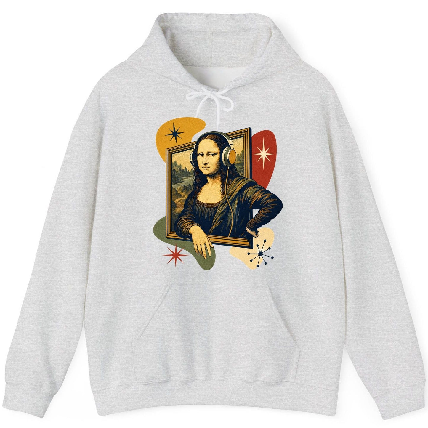 Retro Mona Lisa with Headphones Funny Art Lovers Hoodie - product mockup - Ash