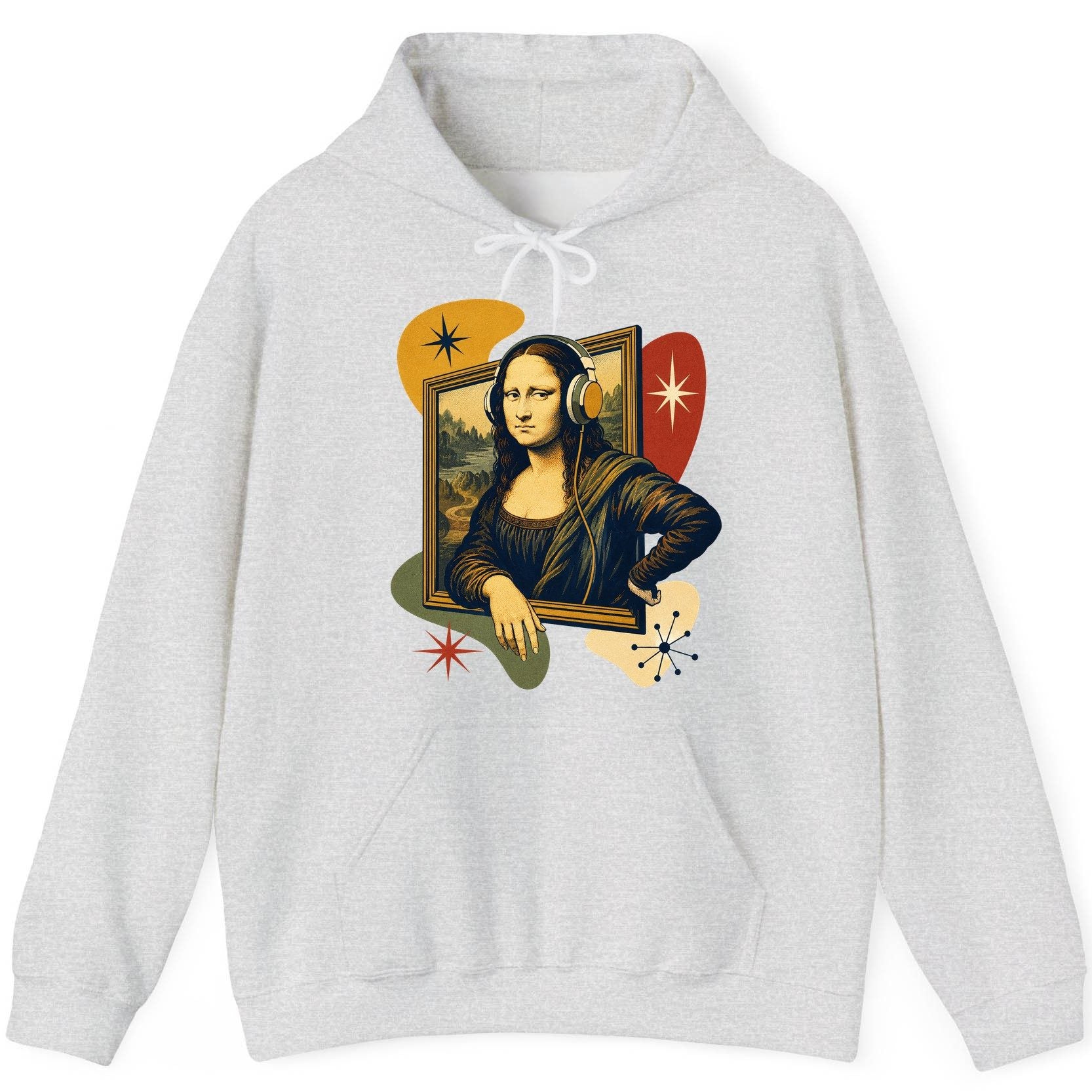 Retro Mona Lisa with Headphones Funny Art Lovers Hoodie - product mockup - Ash