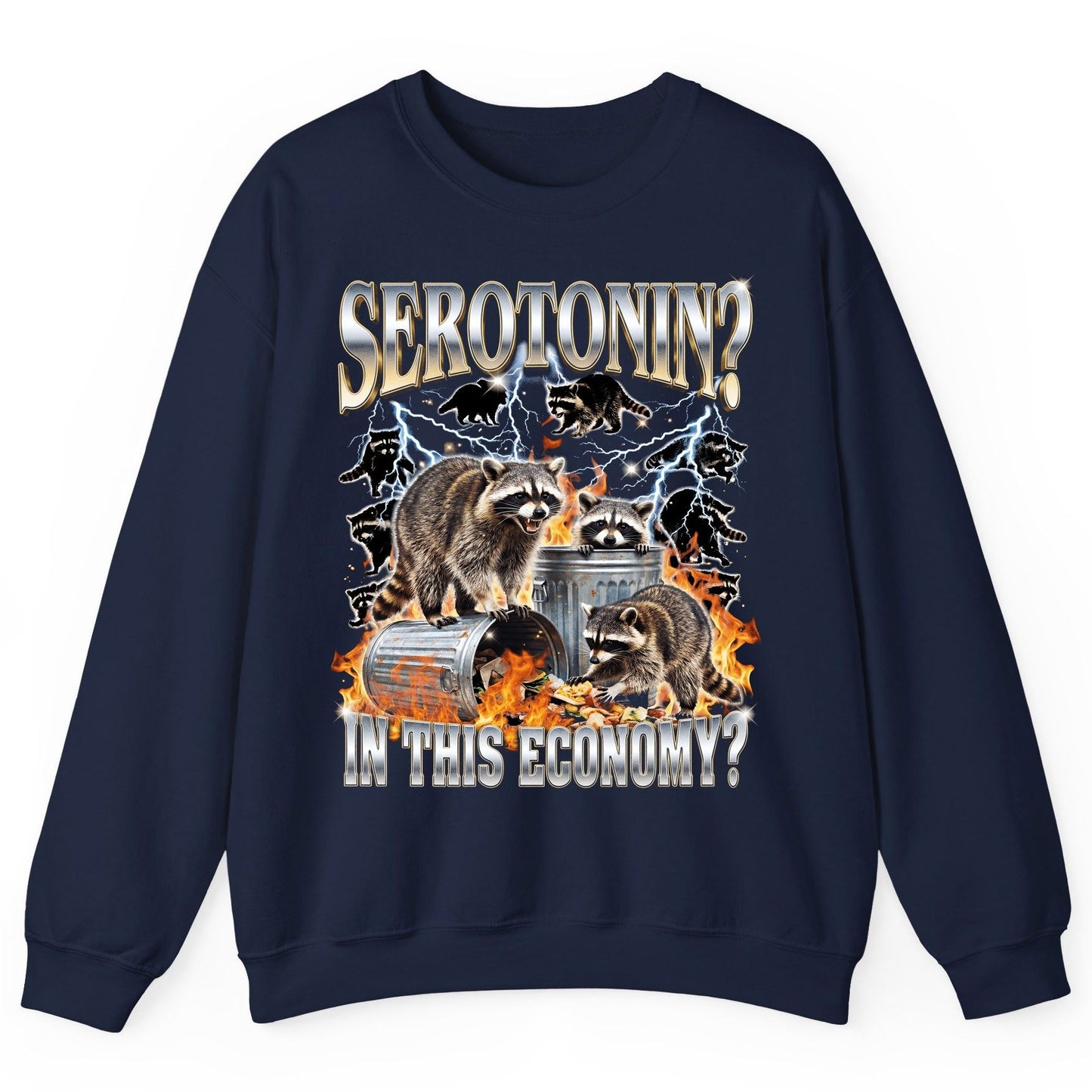 Serotonin in This Economy? raccoons Sweatshirt Navy product mockup