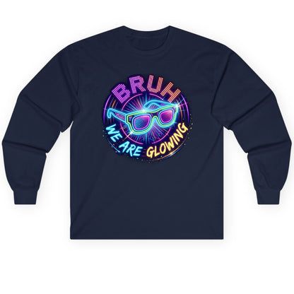 BRUH WE ARE GLOWING Neon Party Long Sleeve Tee Navy product mockup