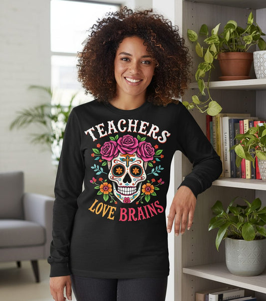 Teachers Love Brains teacher Long Sleeve Tee Black lifestyle mockup