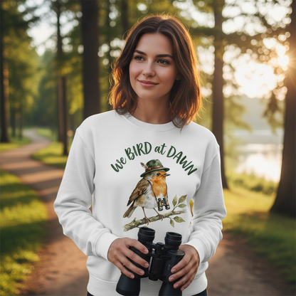 Watercolor Robin Birdwatcher with Hat and Binoculars Sweatshirt - lifestyle model mockup - White