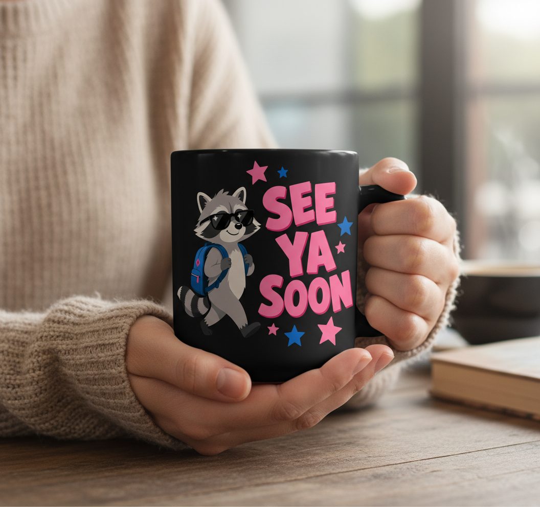 See Ya Soon Raccoon Black Mug - lifestyle model mockup - Black