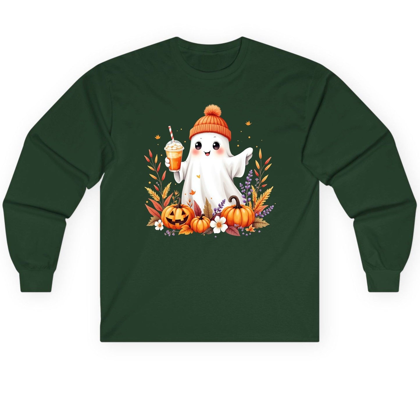 Cute Ghost Pumpkin Spice Latte cute Halloween ghost Long Sleeve Tee Forest Green product mockup