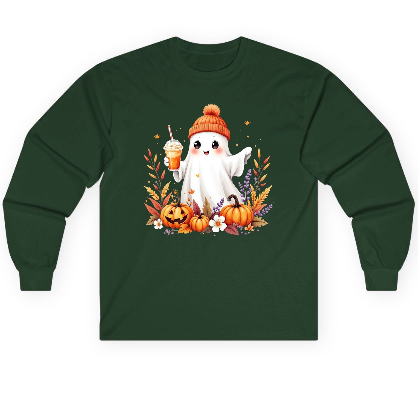 Cute Ghost Pumpkin Spice Latte cute Halloween ghost Long Sleeve Tee Forest Green product mockup