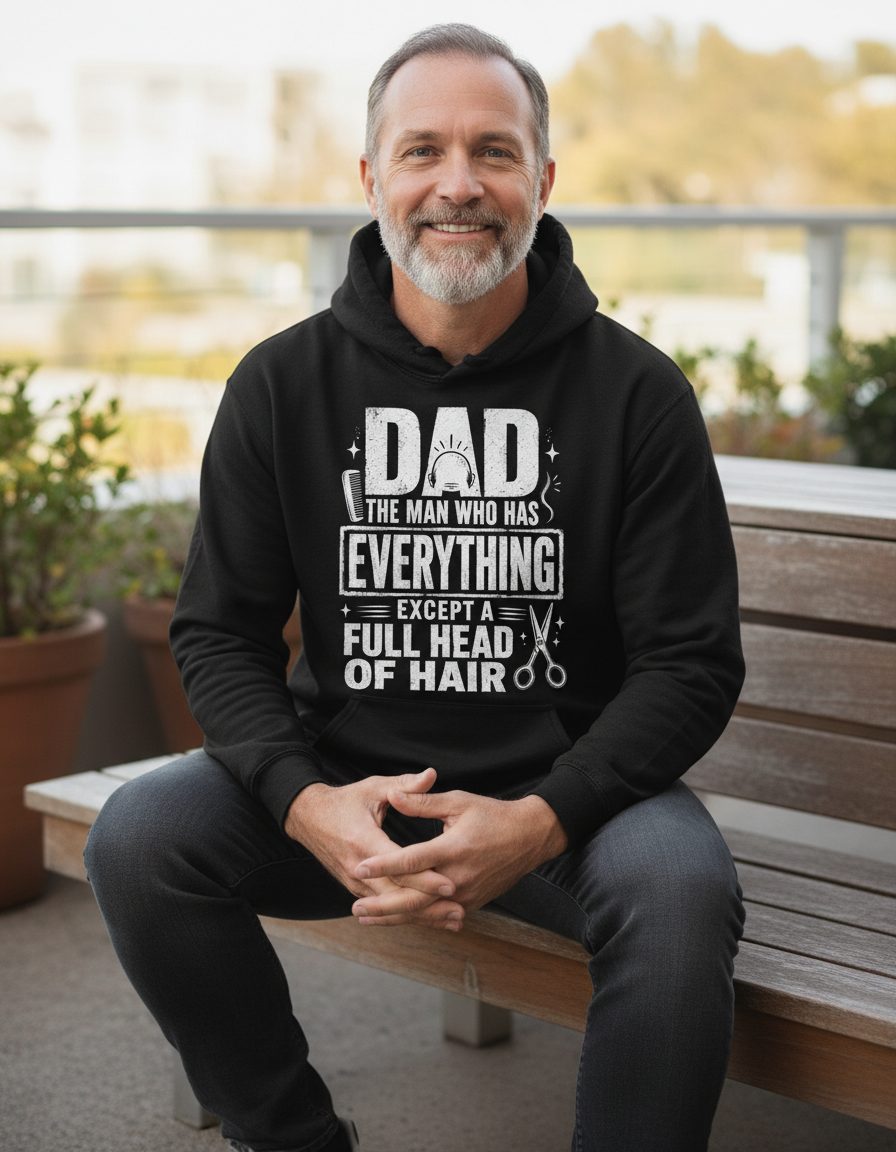 Dad the Man Who Has Everything Except a Full Head of Hair Funny Humor Hoodie - lifestyle model mockup - Black