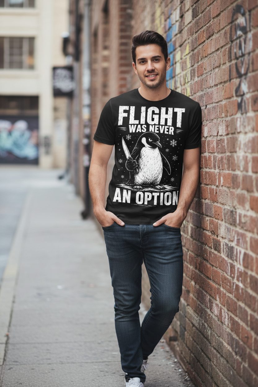 Flight Was Never an Option Funny Penguin T-Shirt - lifestyle model mockup - Black