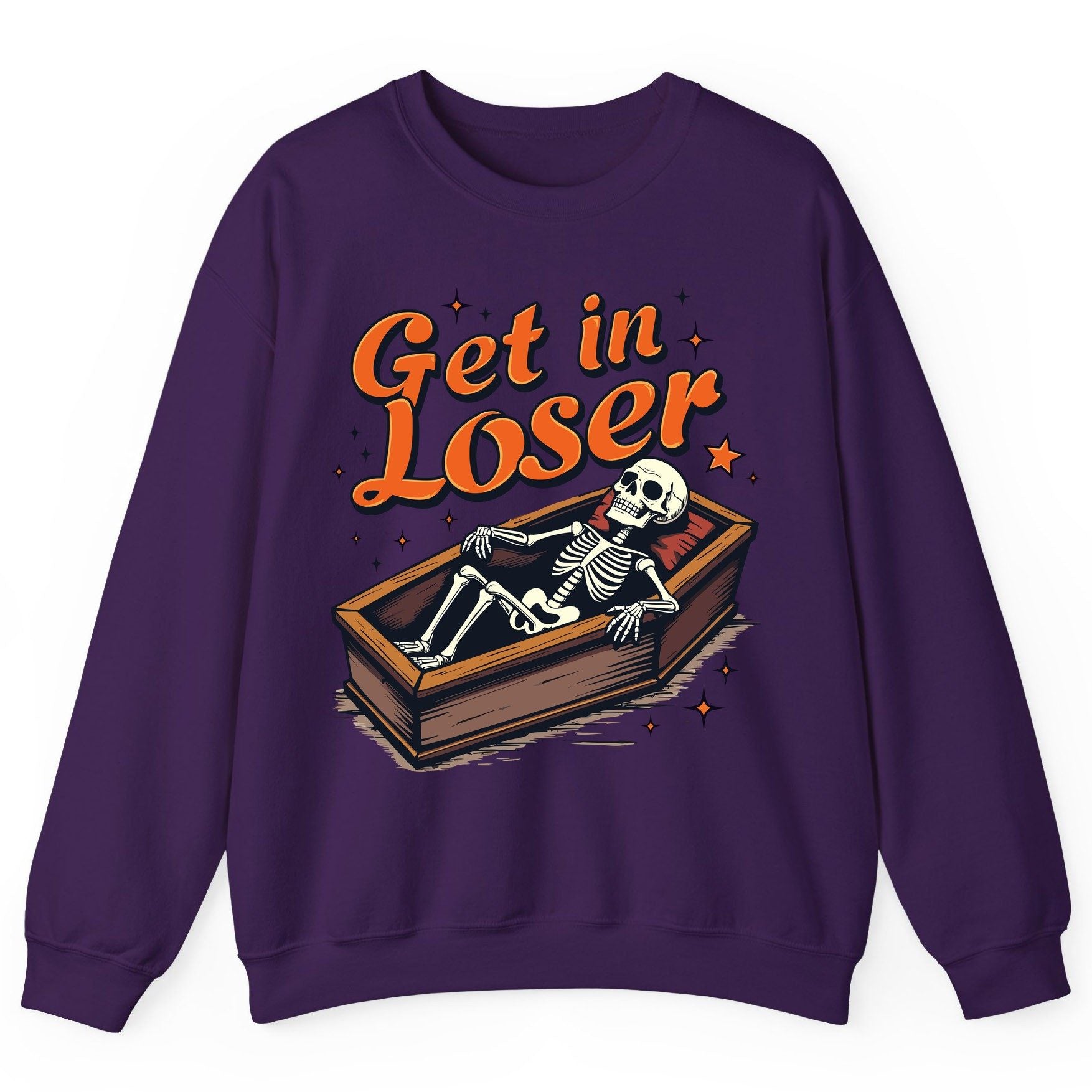 Get in Loser skeleton in coffin Sweatshirt Purple product mockup