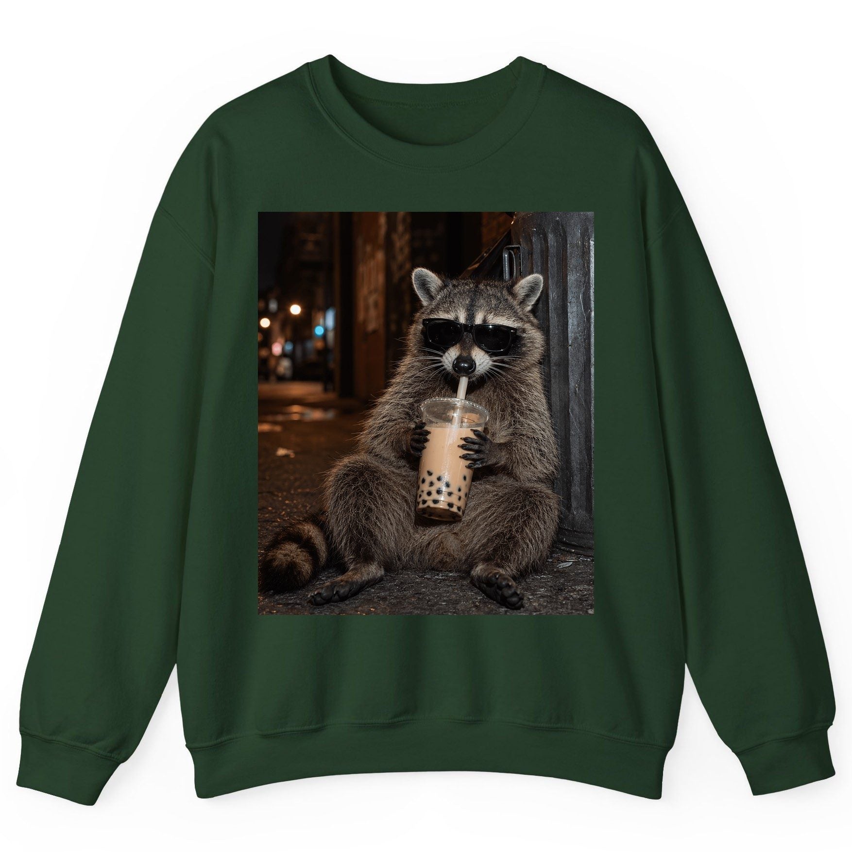 Cool Raccoon Bubble Tea Funny Lovers Sweatshirt - product mockup - Forest Green