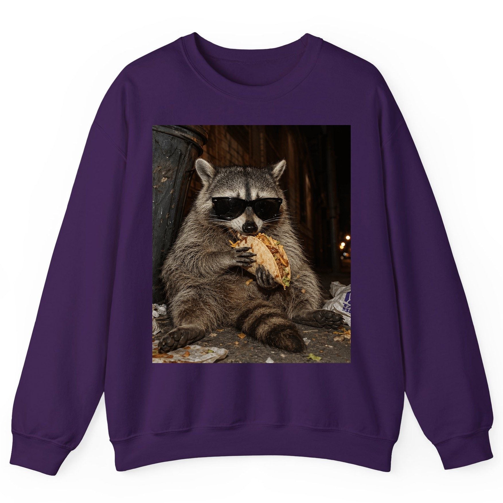 Raccoon Eating Taco Funny Animal Lovers Sweatshirt - product mockup - Purple