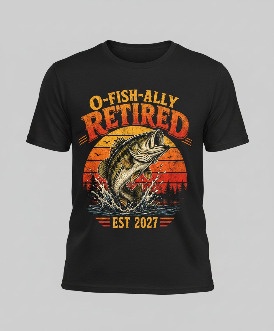 O-Fish-Ally Retired EST 2027 Funny Fishing T-Shirt - product mockup - Black