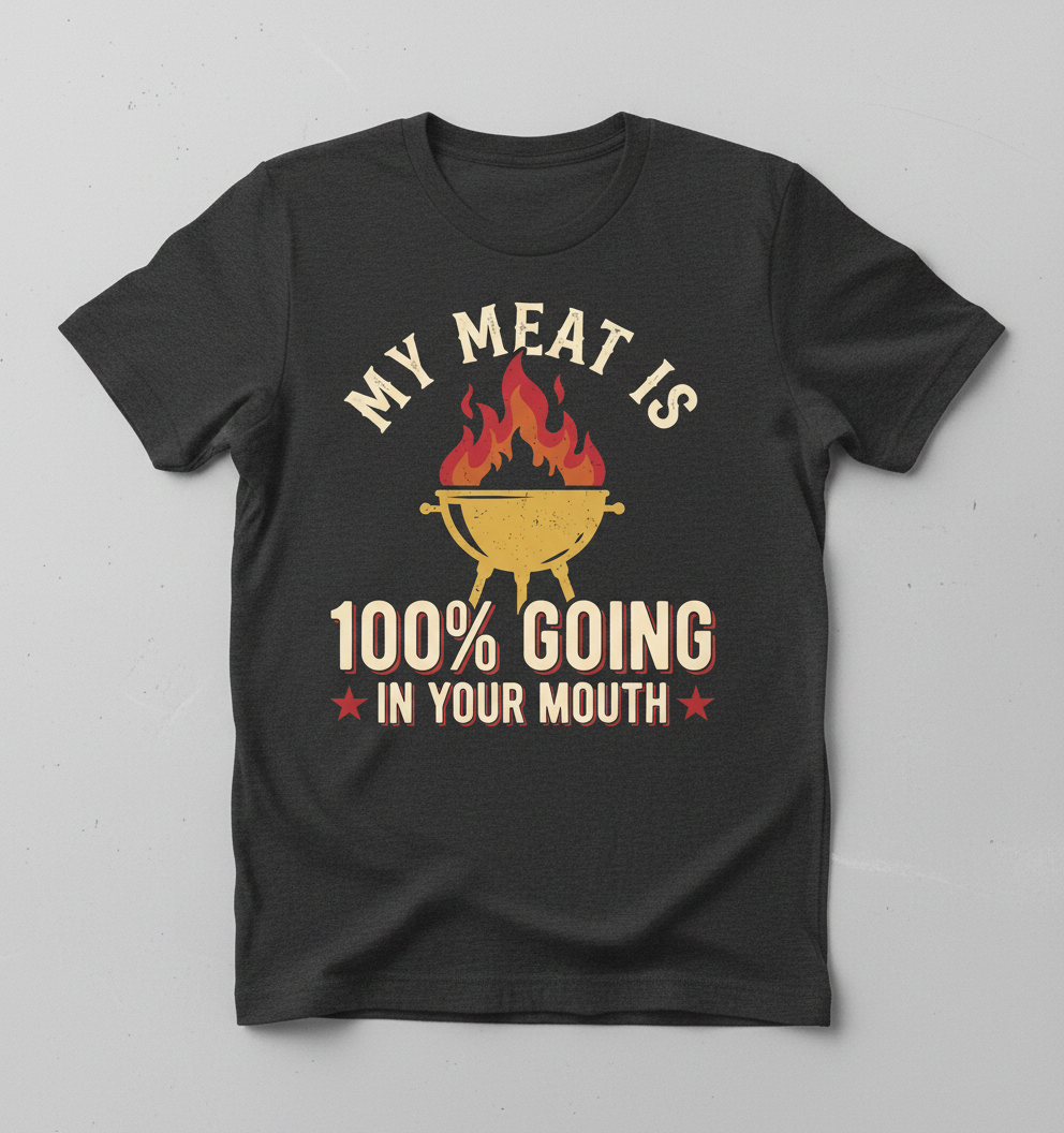 My Meat Is 100% Going In Your Mouth Funny BBQ Grill Design T-Shirt - Dark Heather