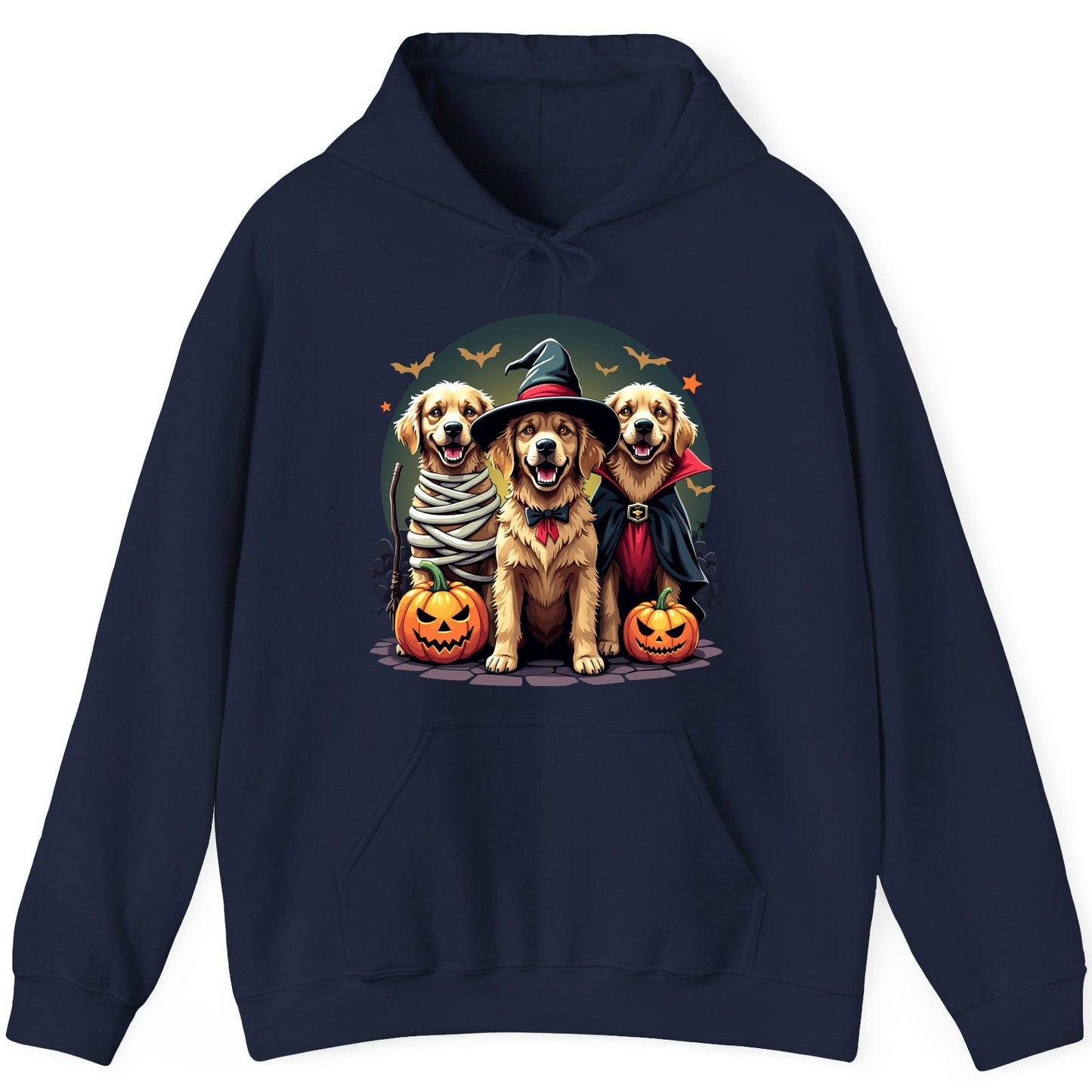 Golden Retriever Halloween Trio golden retriever Hoodie Navy product mockup