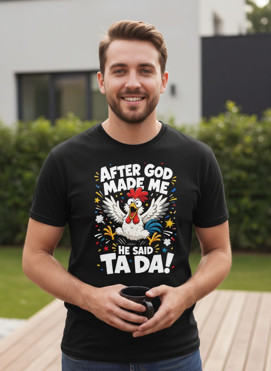 After God Made Me He Said Ta Da Funny Rooster T-Shirt - lifestyle model mockup - Black