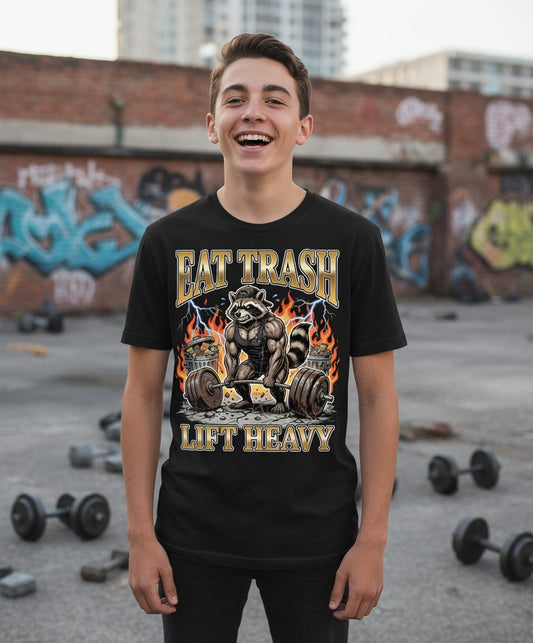 Eat Trash Lift Heavy weightlifting raccoon Youth T-Shirt Black lifestyle mockup