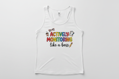 Actively Monitoring Teacher Rainbow Text Design Tank Top - White