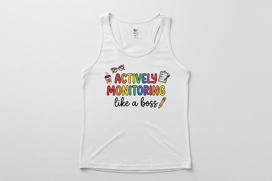 Actively Monitoring Teacher Rainbow Text Design Tank Top - White