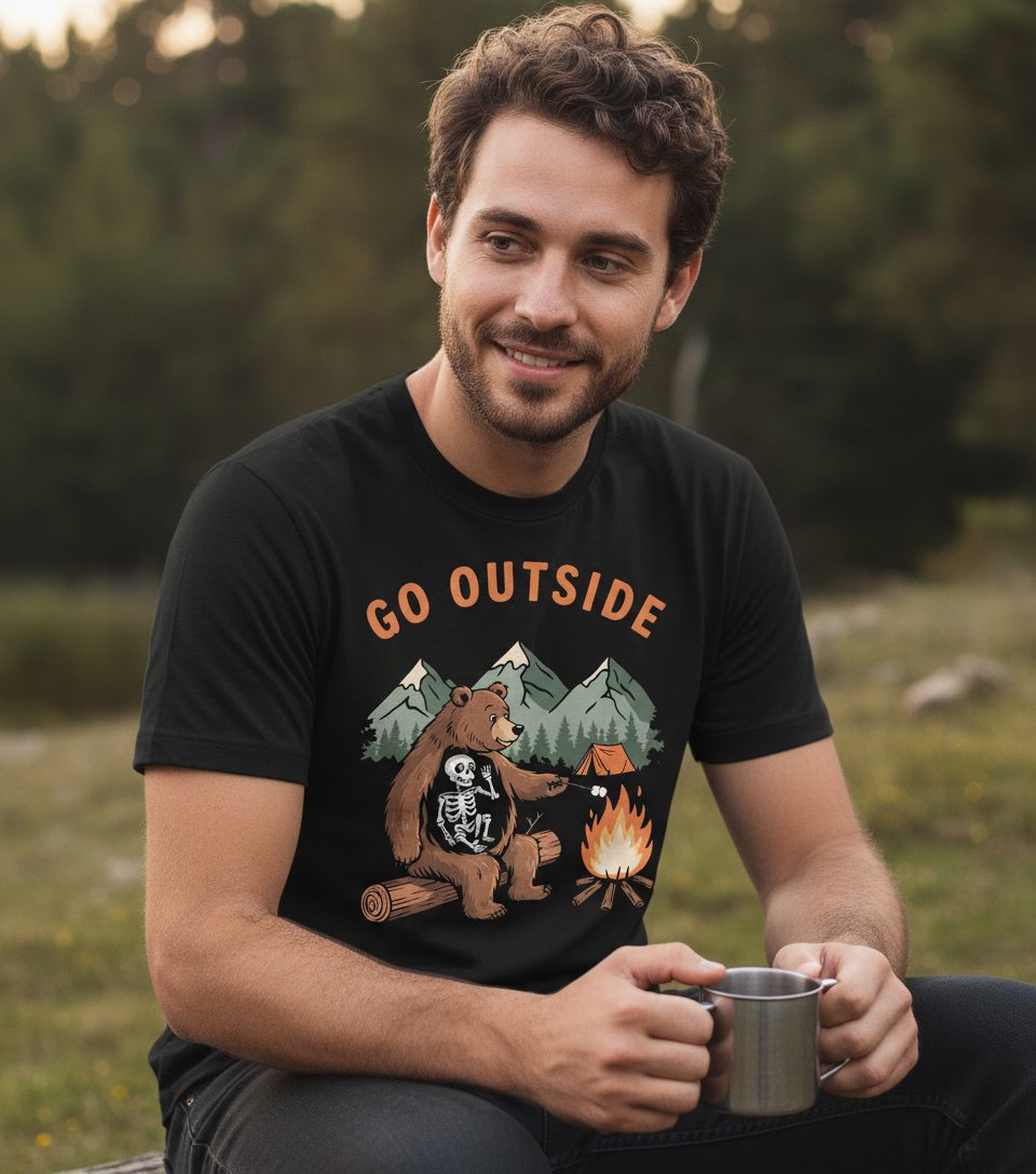 Go Outside funny bear T-Shirt Black lifestyle mockup