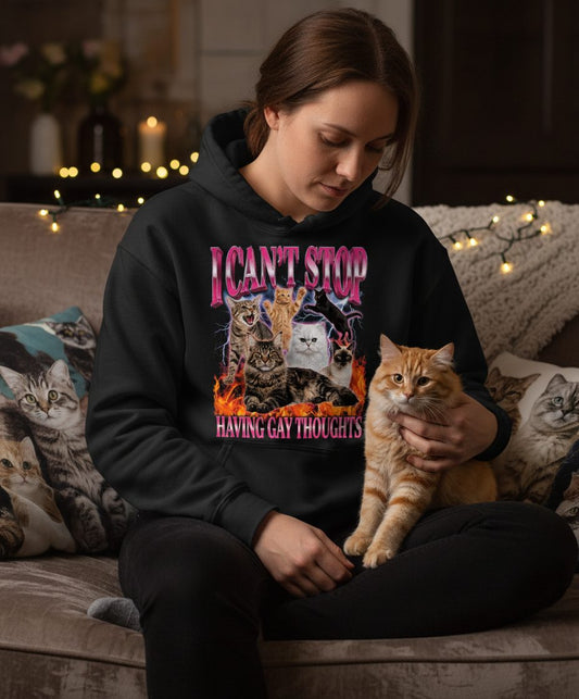 I Can't Stop Having Gay Thoughts cats Hoodie Black lifestyle mockup