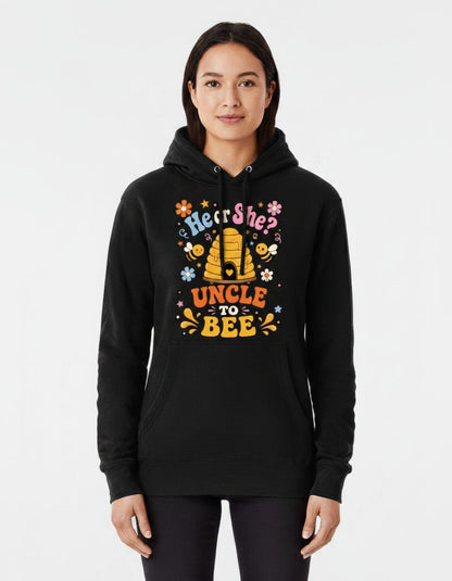 He or She Uncle to Bee Retro Gender Reveal Hoodie - product mockup - Black