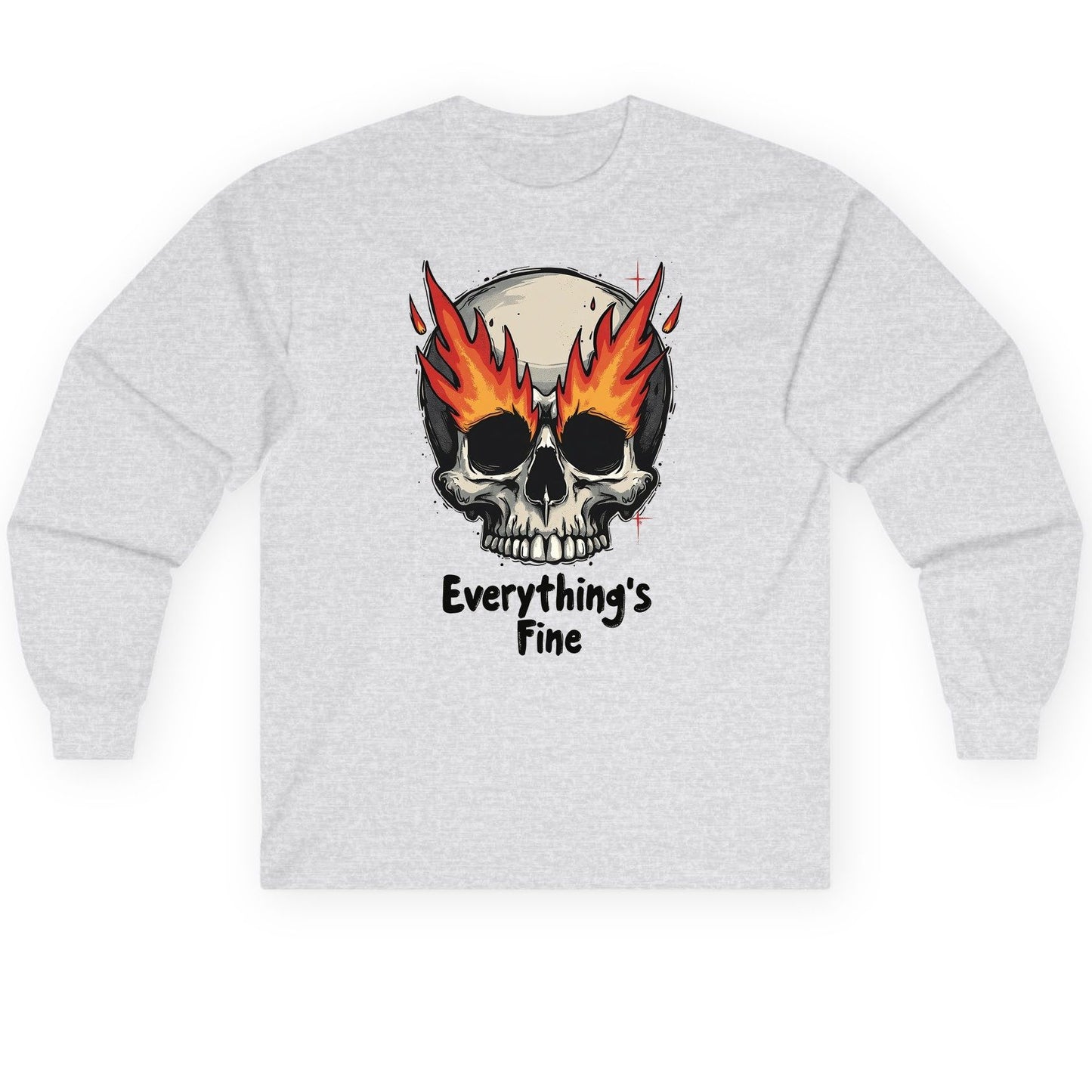 Everything's Fine flaming skull Long Sleeve Tee Ash product mockup