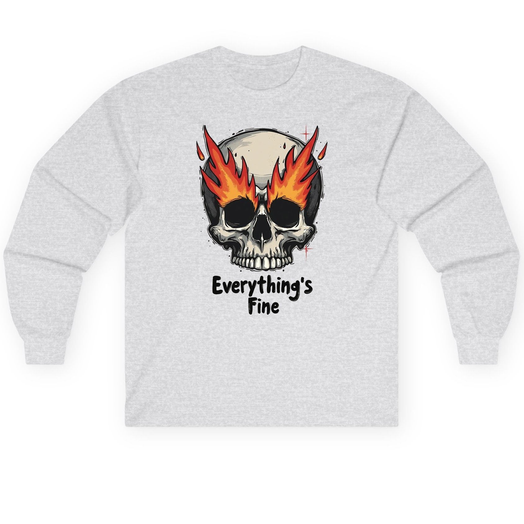 Everything's Fine flaming skull Long Sleeve Tee Ash product mockup