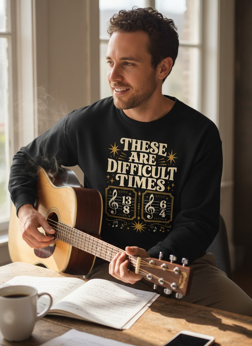 These Are Difficult Times Funny Music Pun Sweatshirt - lifestyle model mockup - Black